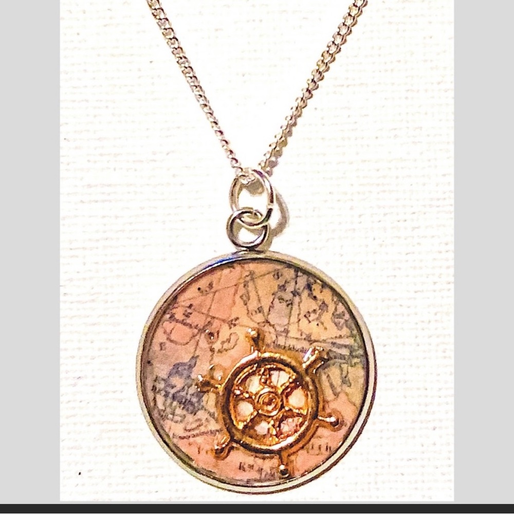 Ship Wheel Map Pendant Necklace